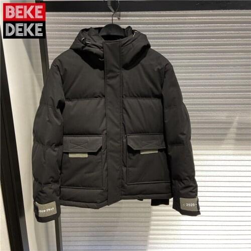 Korean Style Slim Black Cargo Hooded Down Coat Men Stand Collar Winter Street Warm White Duck Down Jacket Zipper Outerwear S-2XL