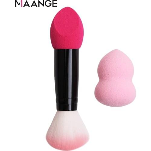 MAANGE 1pc Professional blusher brush 2 heads Nylon Make up Brushes Two Head Metal Cosmetic Tools with Sponge for Makeup Tools