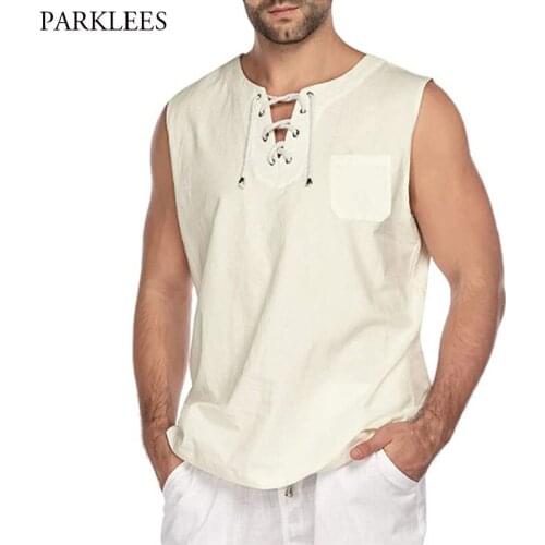Sleeveless Linen Shirts Men 2020 Summer Cool Mens Linen Shirt Casual Drawstring Chemise Homme Pocket Male Shirts Top Blouse XXL