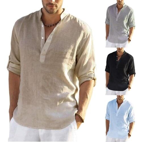 Mens Casual Long Sleeve Linen Shirts Fashion Autumn Spring Cotton Linen Blouse Shirts Handsome Men Shirt