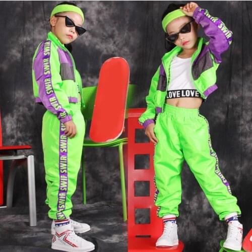 3 Pieces Girls Street Dancing Costumes Jazz Hiphop Fluorescent green Outfits Crop dance Stage Show clothes For 10 12 14 16 Years