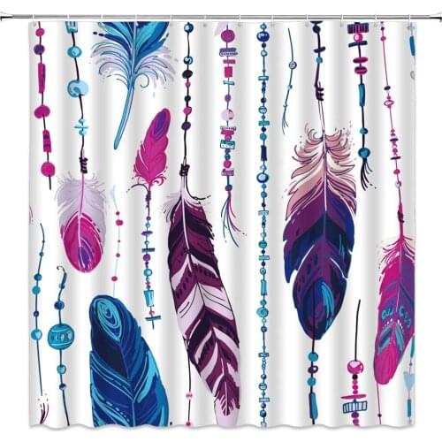 Feathers Shower Curtains Colorful Feather Ornaments Pattern Print Kids Bathroom Decor Polyester Home Bath Cloth Hanging Curtain