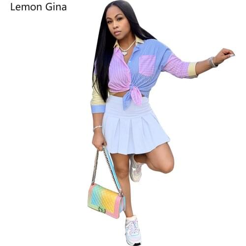 Lemon Gina Sleeve Shirt Cotton Solid Blue Plaid Skirt Suit Two Sets