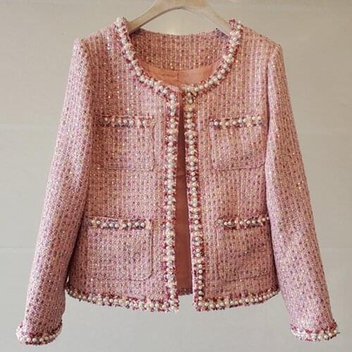 Luxury Design Runway Tweed Woolen Jacket Coat Women O-Neck Long Sleeve Beading Winter Elegant Slim Short Outwear High Qaulity