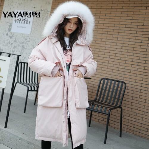 YAYA Womens White Duck Down Jacket Real Raccoon Fur Collar Hooded Over-the-knee Length Down Coat Warm Outerwear With Big Pocket
