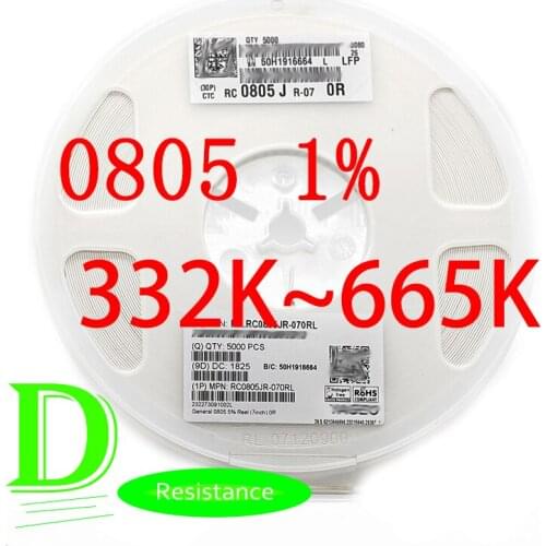 100PCS SMD Resistor RC Series 0805 1% Original RC0805FR-07 Series 332k-665K All resistors 360K 390K 430K 470K 510K 560K 620K