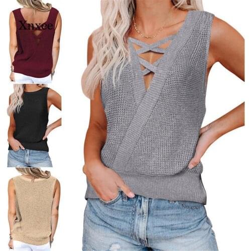 2021 Cross Deep V Neck Bandage Tanks Womens Sexy Backless Vest Top Sweater Casual T-Shirt Fsahion High Street Clothing Tees