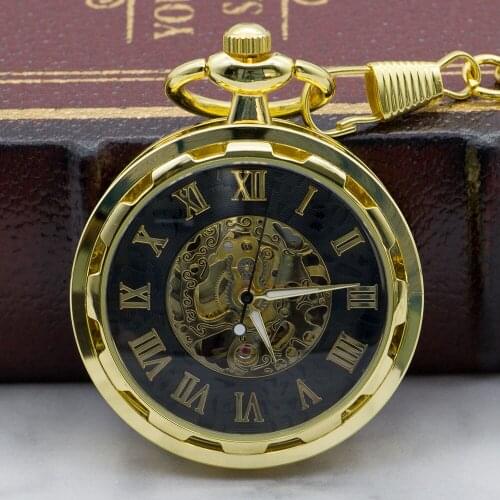 5pc/lot Vintage Men Mechanical Pocket Watches Classic Open Face Transparent Roman Numberal Skeleton Windup Clock PJX1323