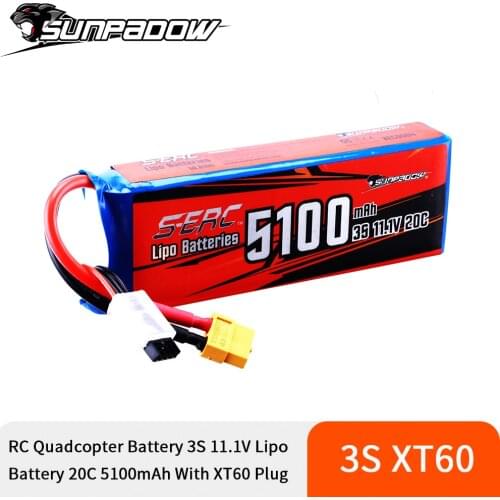 SUNPADOW 3S 20C Lipo Battery 5100mAh 11.1V with XT60 Plug for RC Airplane Helicopter Drone FPV Quadcopter Model Racing