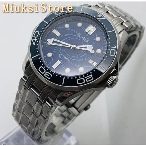 BLIGER top brand 41mm silver case sapphire glass ceramic bezel blue dial luminous waterpoof mens automatic mechanical watch