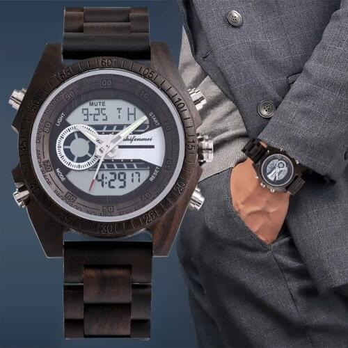 Mens Full Wood Watch Digital Poiner Dual Display Dial Black Wooden Quartz Clock With Strap Adjuster Manual Male Birthday Gift
