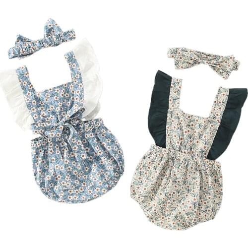 Baby Summer Bodysuits Baby Girls Sleeveless Clothes Infant Baby Bodysuit with Hairband 6-24 Months Kids Cotton Floral Onesie