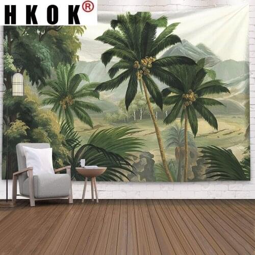 HKOK Palm Tree Tapestry Art Wall Hanging Tropical Leaves Flowers Pattern Large Background Ceiling Wall Cloth Carpet Home Decor