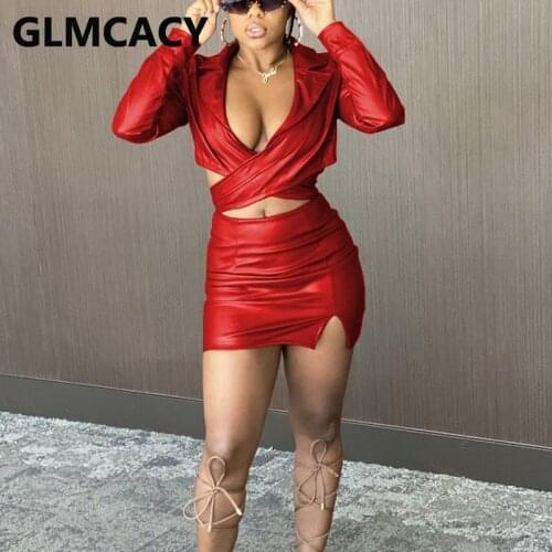 Two Piece PU Leather Chic Dress Suits Long Sleeve V Neck Crop Top & Bodycon Mini Skirt Set