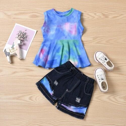 Kids 2 Pieces Suit Set Tie-Dye Print Round Collar Sleeveless Tops+ Denim Shorts 1-4 Years For Summer Most Occasions In Life