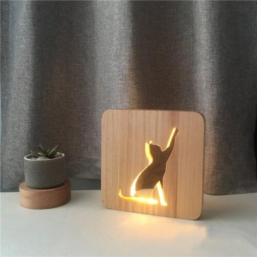 Creative Lucky Cat Solid Wood Hollow 3D USB Night Light New Strange Carving LED Gift Table Lamp