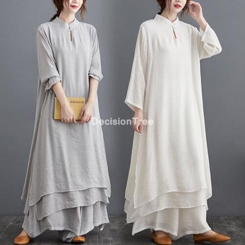 2021 long style woman cheongsam chinese traditional costume full sleeve qipao suit oriental linen qipao dress cheongsam dress