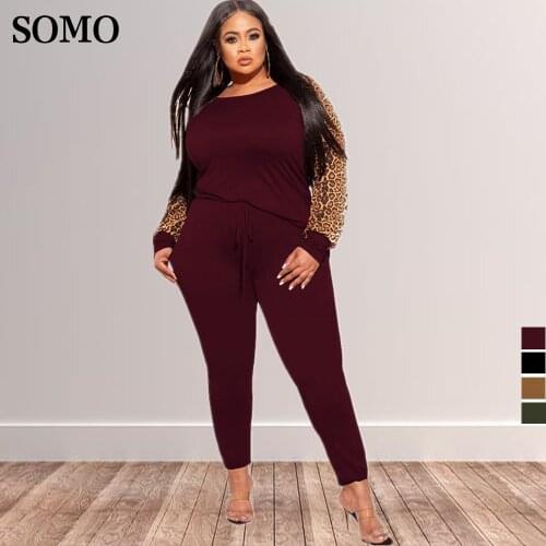 Fashion Casual Two Piece Sets Plus Size Womens Clothing Round Collar Leopard Sleeve Pants Suits Autumn Wholesale Dropshipping