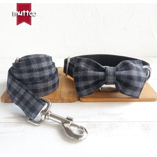 MUTTCO Anti-lost dog collar with bow tie THE BLACK PLAID individual customized pet collar walking training dog leash UDC075