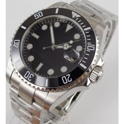 Black 43mm Automatic Men Watch 24 Jewels NH35 MIYOTA 8215 Date Brushed Oyster Strap Black Insert