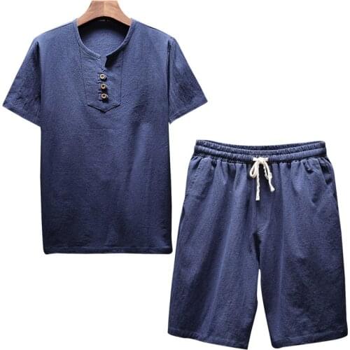 Litthing Mens Linen Sets Brands O-Neck Solid Short sleeve t shirt shorts Summer Fashion Male Casual Drawsting Suit M-5XL