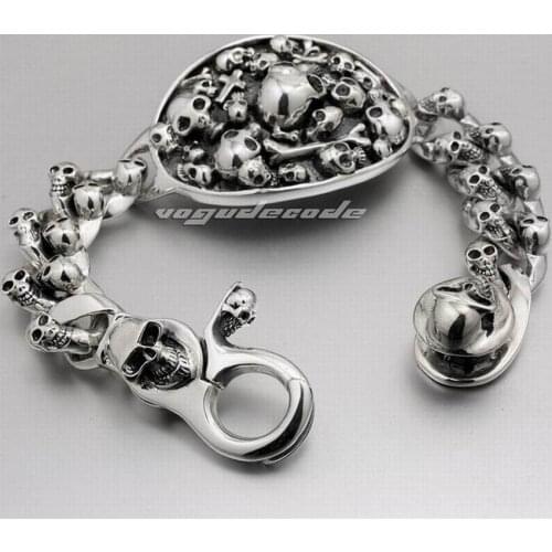 Huge & Heavy 7 Lengths 925 Sterling Silver Skulls Mens Biker Bracelet 8F011