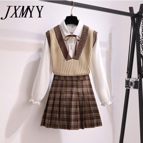 JXMYY Autumn Casual Three Pices Set Sweater Vest+ Long Sleeve White Blouse+ A Line Plaid Mini Skirt Student Style Sweet Suits