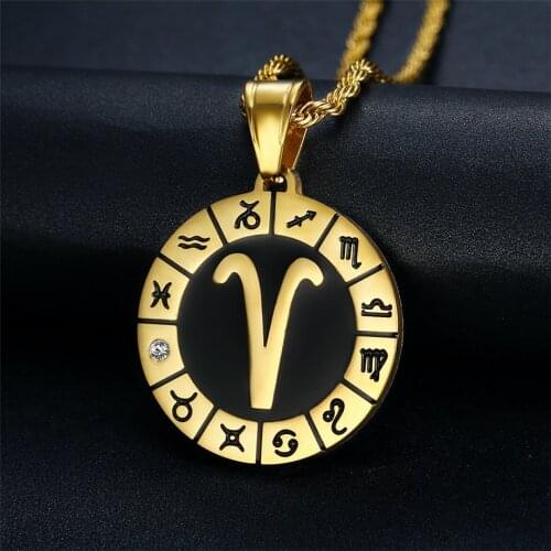Mens Womens Zodiac Sign Aries Leo Scorpio Pendant Necklace Gold Color Stainless Steel 12 Constellations Jewelry Dropshipping