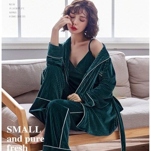 JULYS SONG 3 Pieces Velvet Women Pajama Set Autumn Winter With Belt Solid Color New Female Sleepwear Soft Elegant Homewear