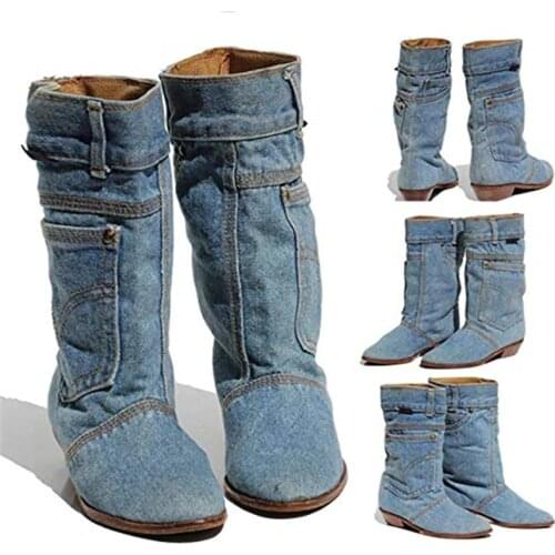 European and American explosions low heel denim casual denim boot ladies autumn winter cowboy boots size 34-43