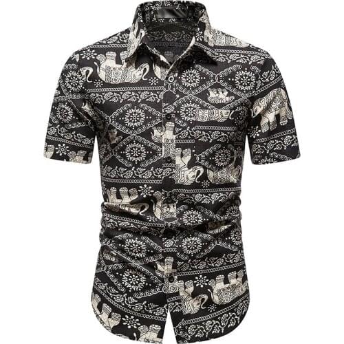 Vintage African Elephant Print Hawaiian Shirt Men Slim Fit Short Sleeve Beach Hawaii Shirts Men Harajuku Casual Chemise Homme