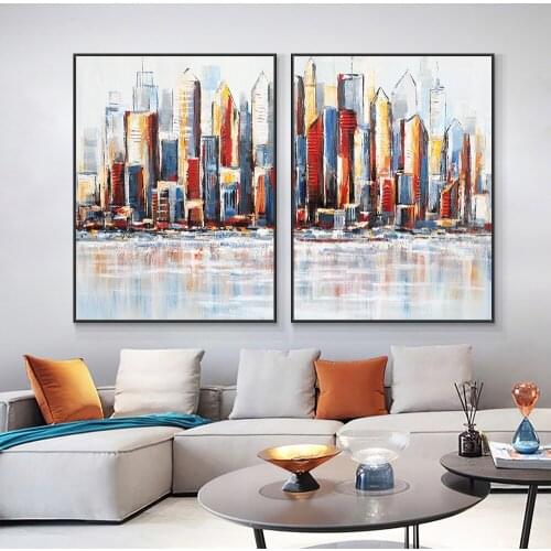 Modern 2 Panels Building Painting 100% Hand Painted Oil Painting On Canvas Colorful Wall Art Painting For Living Room Home Decor