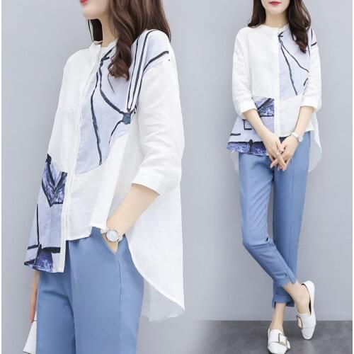 Female Office Suit Set Asymmetrical Print Shirt Tops + Irregular Long Pants Suits Womens Summer Casual 2 Piece Sets Y110