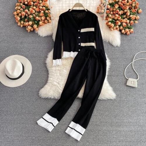 Women Autumn Knit Flare Sleeve Cardigans Loose Pleated Hem Pants Sets V Neck Single Breasted Knitted Tops Ankle-Length Pant Suit