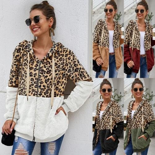 Female Leopard Splicing Brief Paragraph Coat Women Autumn Hooded Fluffy Plush Winter Faux Fur Jacket