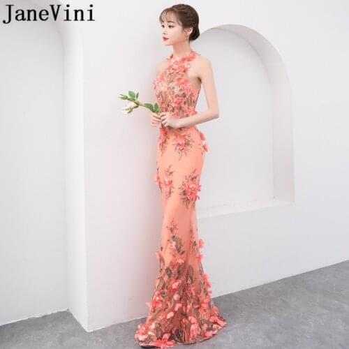 JaneVini Elegant Handmade Flowers Women Wedding Party Dress Mermaid Halter Tight Fitted Long Bridesmaids Dresses Vestitini Donna