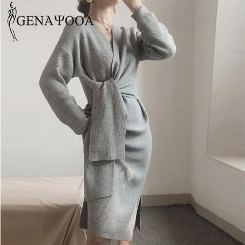 Genayooa Solid Long Sleeve Knit V Neck Dress Office Ladies Midi Dress For Women Loose Elegant Lace Up Vestidos Mujer Korean 2020