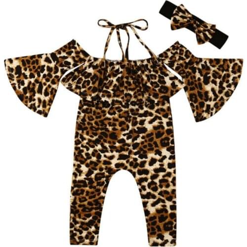 1-6Years Toddler Kids Girls Strap Leopard Romper Jumpsuit Halter Off Shoulder Flare Sleeve Playsuit with Headband Outfit Clothes