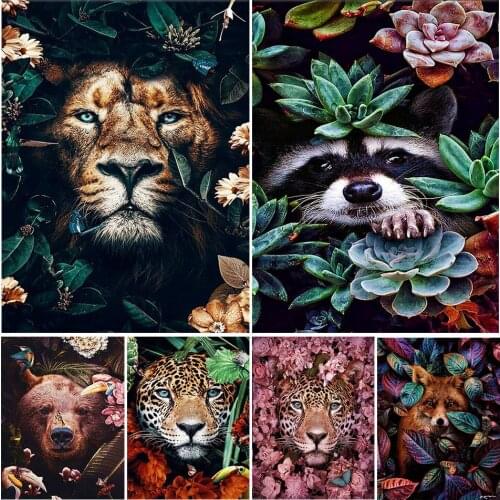 5D DIY Diamond Painting Tiger Lion Face& Flowers Kit Full Drill Square Embroidery Mosaic Art Picture of Rhinestones Wall Decor