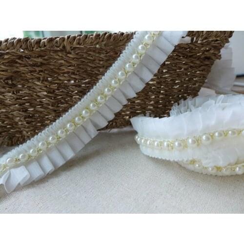 1.4" Wide 1 Yard Faux Pearls White Beaded Lace Trim, Crystal Lace Ribbon With Ruffled For Window Decor, Collar Decor,Dress Decor