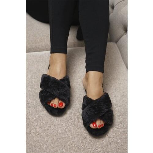 Black Cross Plush Home Slipper 1026