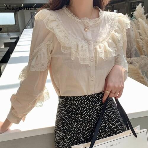Women Shirts Womens Tops and Blouses 2021 Chiffon Blouse Cardigan Solid Stand Collar Ladies Lace Tops Blusas Feminine 8049 50