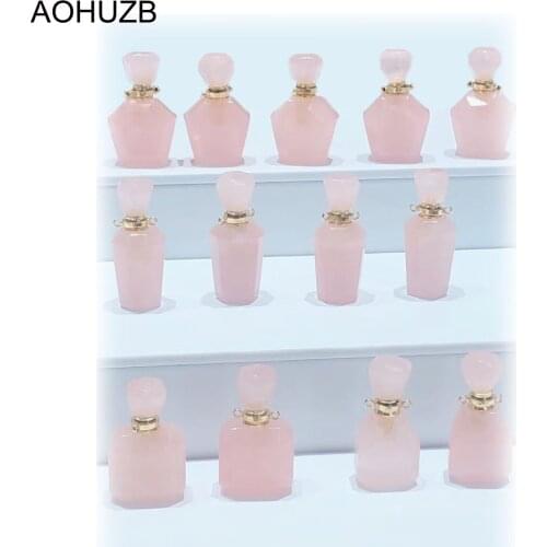 Gemstone Pink Rose Quartz Stone Perfume Bottle Pendant Necklace Lady Wedding Jewelry Natural Crystals Quartz High Quality Gift