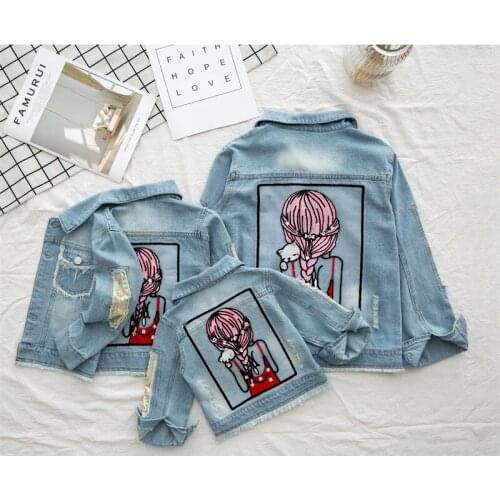 Childrens Clothing Toddler Girls Denim Jackets Autumn Spring Fashioh Girl Print Sequins Hole Lapel Coats For Girl Kids Outwear