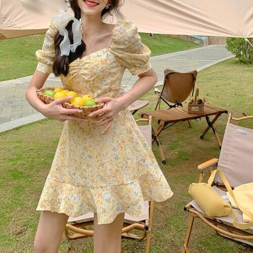 French floral dress tea break bellflower dress spring new style puff sleeve waist a-line dress 02-DS-fsshjg