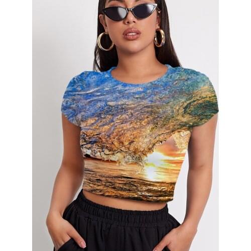 3d Tshirt Waves T-shirt Women Landscape Navel Bare Hip Hop Shirt Print Party T-shirts 3d Womens Clothing T shirts Short