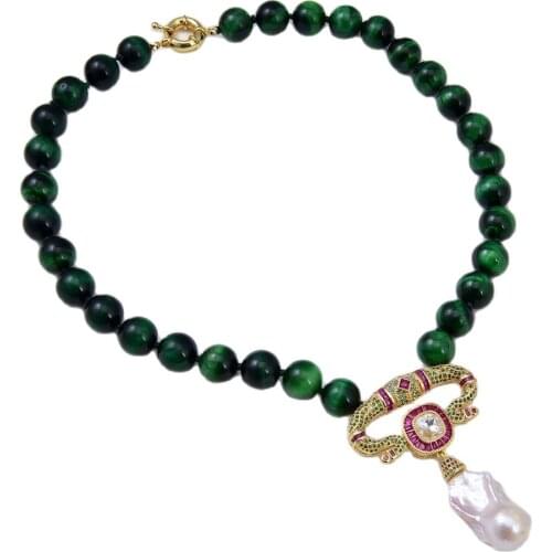 GuaiGuai Jewelry 18" 12mm Green Tiger Eye Necklace White Keshi Pearl Cz Pendant