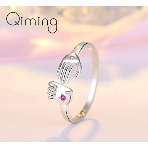 Hamsa Hand Give A Hug Rings For Women Crystal Metal Jewelry Forever Love Hold My Hand Finger Open Ring Couple Gift