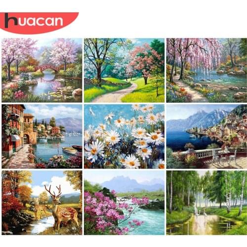 HUACAN Picture By Number Tree Drawing On Canvas HandPainted Art Gift DIY Paint By Number Lake Landscape Kit Home Decoration