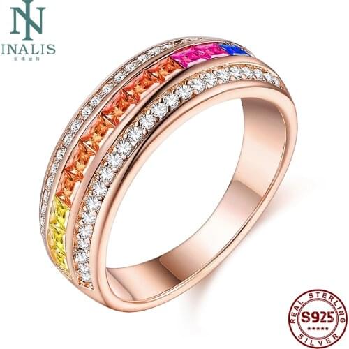 INALIS Rings For Women S925 Sterling Silver 2 Circles Small White And 1 Circle Colored Zircons Wide Rings Elegant Jewelry